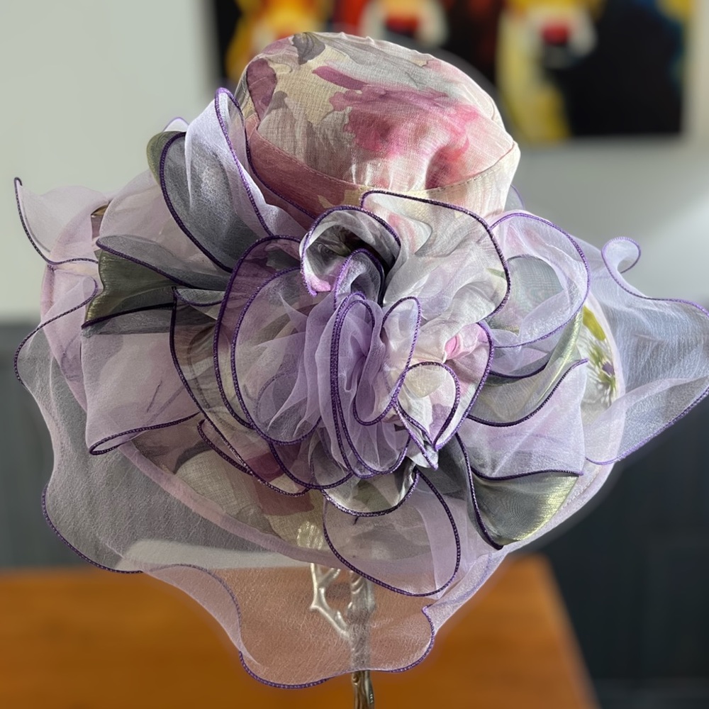 Beautiful Organza Derby Hat Ruffle Wide Brim Sun Hat Flower Accent